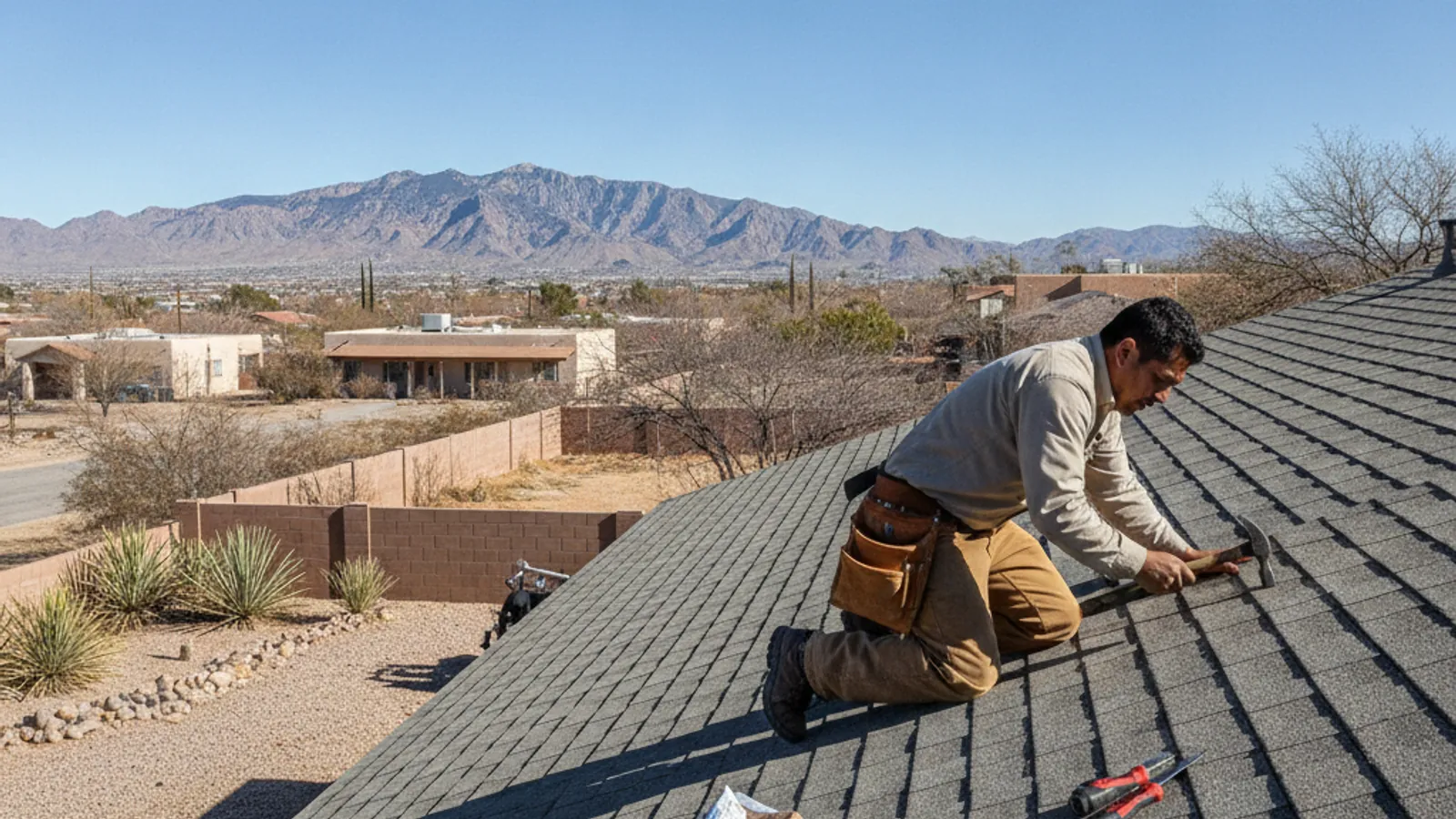Roofer repairing a roof under the El Paso sun with the Franklin Mountains behind